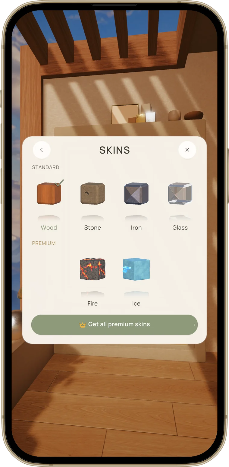 Stramino material selector showing Wood, Stone, Iron, and Glass skins